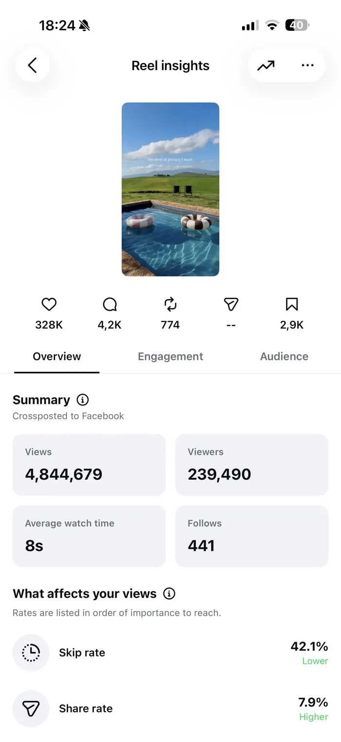 Instagram insights for Villa Pienza reel 1